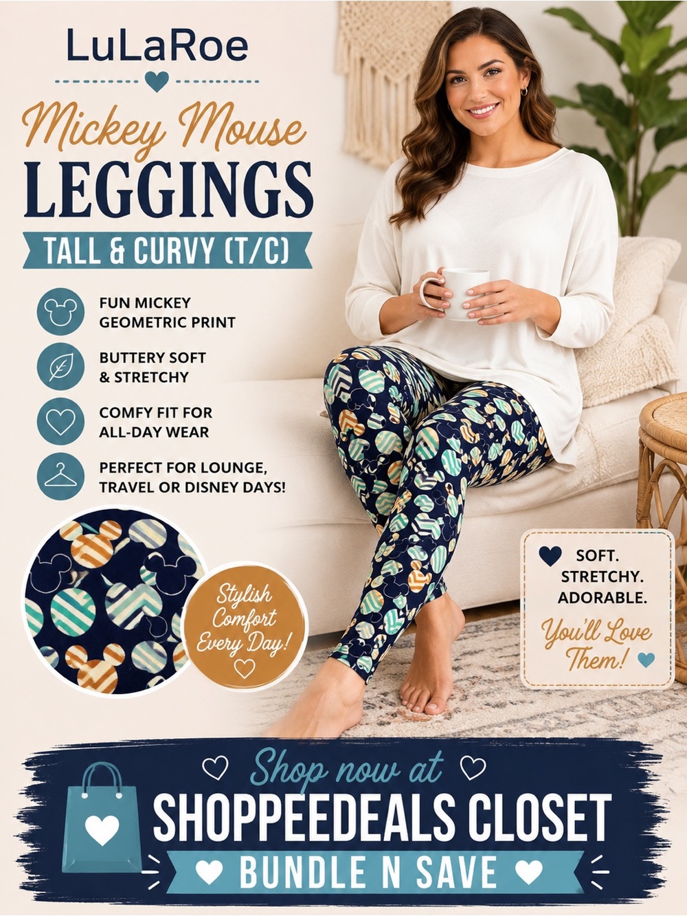 LuLaRoe Tall & Curvy Mickey Mouse Geometric Print Leggings